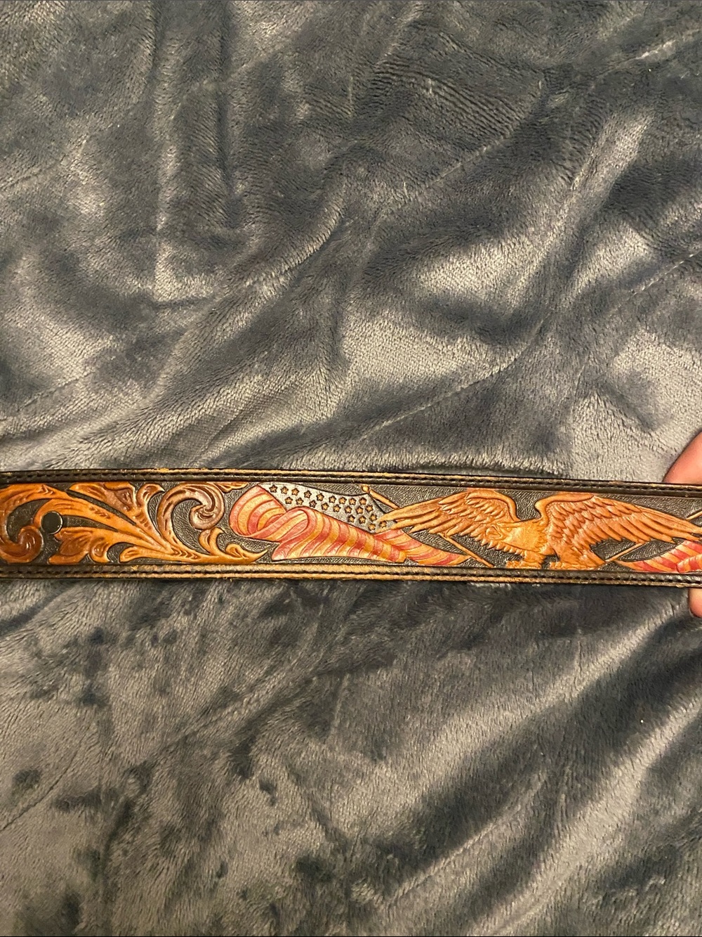 Tooled Leather Belt with Eagle and Flag Motif - Brown/Tan